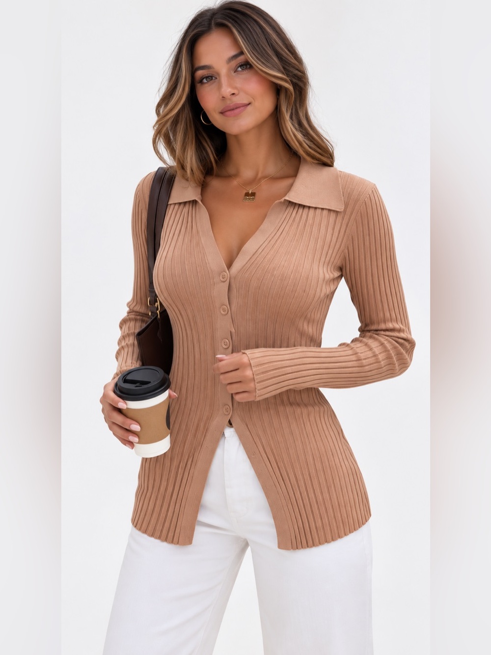 PETAL & PUP Ribbed Button-Front Polo Cardigan